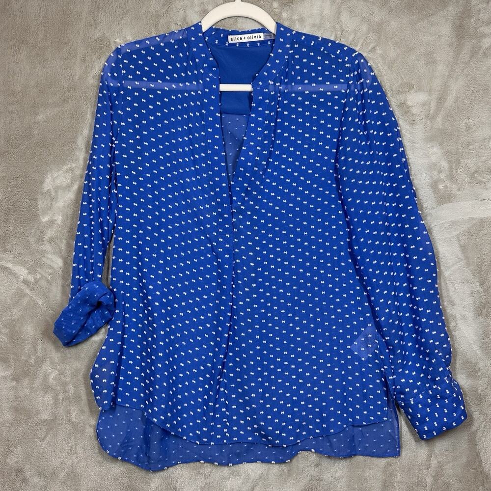 Alice Olivia Blue Dotted Long Sleeve Blouse Top, Flowy Sheer size S